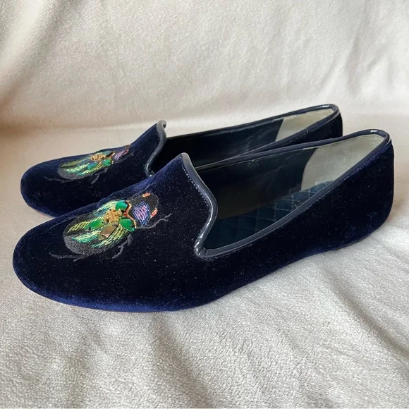 Tory Burch Easton Blue Velvet Loafers Embroidered Beetle Fairycore Regal Sz 6.5 - Picture 6 of 12